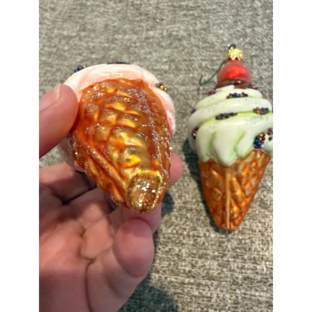 Glass Ice Cream Cone Christmas Ornaments Pink Green Glitter Sprinkles Set of 2